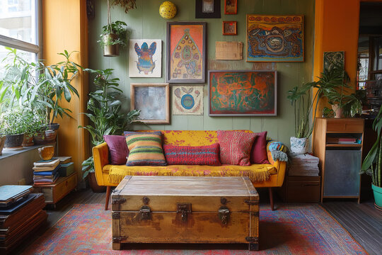 Eclectic living room with yellow sofa, vintage trunk coffee table, colorful cushions, gallery wall and lush indoor plants in warm natural light