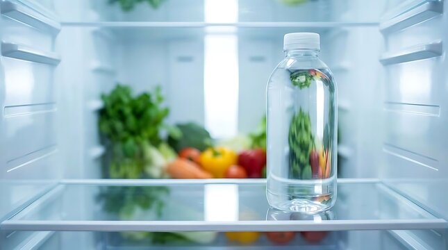 A 2 liter bottle of fresh water standing on a clean refrigerator shelf with blurred colorful vegetables in the background for a healthy lifestyle concept