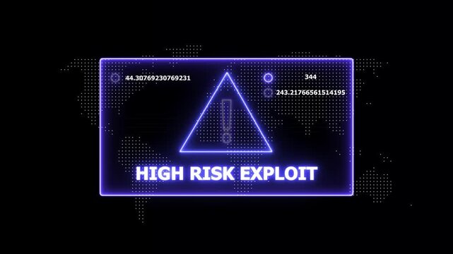 Cyber security alert interface featuring a glowing purple risk exploit warning sign with dynamic digital data streams and global network mapping for advanced information technology threat analysis