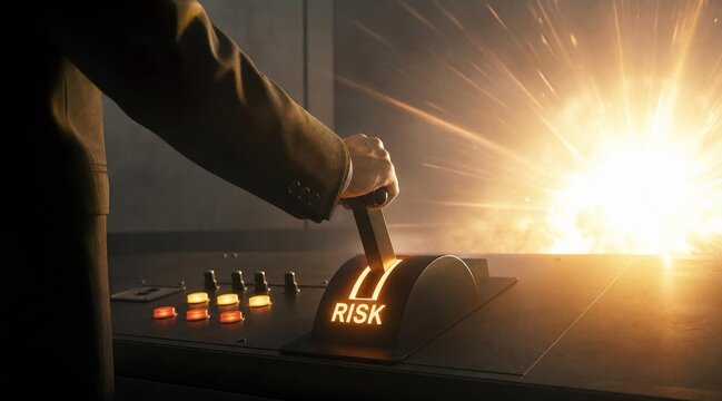 Business executive pulling a lever labeled risk causing an industrial explosion.