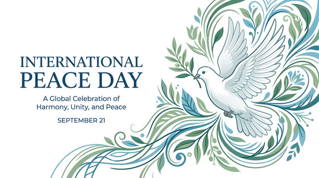 International peace day poster design with white dove holding olive branch and decorative floral art