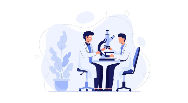 Scientists collaborating in a modern laboratory, using a microscope for research and discovery