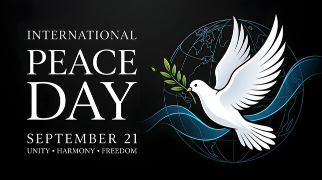 International peace day dark background vector graphic with white dove and abstract celestial globe