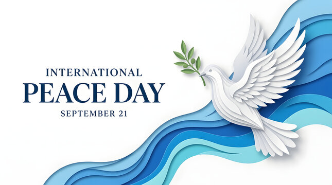 International peace day paper cut style design featuring white dove flying over blue wave layers