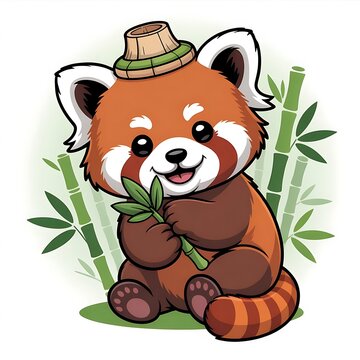 A cute cartoon red panda character wearing a small straw hat and holding a fresh bamboo stalk in a nature setting
