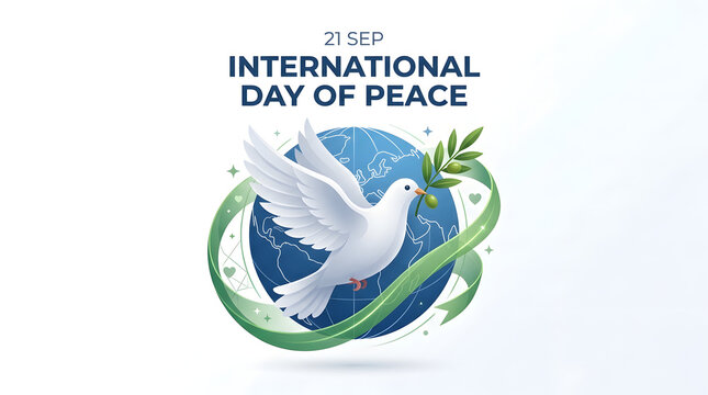 International day of peace poster design with white flying dove olive branch blue globe green ribbon