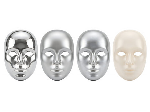 Four different human face masks made of shiny metal silver and smooth matte plastic material in a row