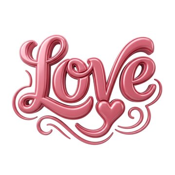 Elegant 3D pink word love with flowing decorative elements and a heart shape
