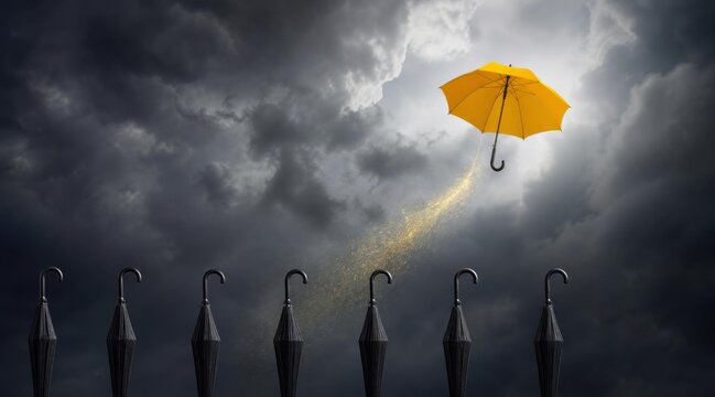 A single yellow umbrella flying upwards against a dark stormy sky.