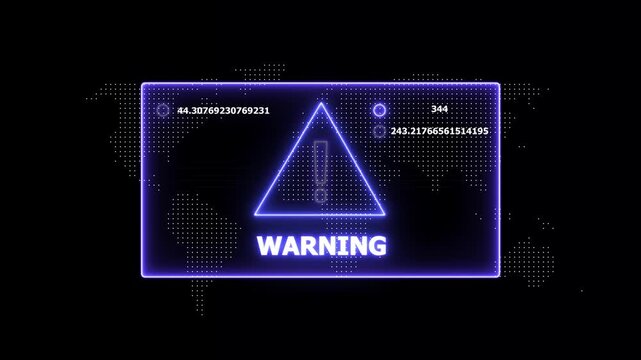 Neon purple digital warning sign hud overlay with glowing exclamation triangle and dynamic data streams on a dark map background, for cyber security, system error alerts, and high-tech interface
