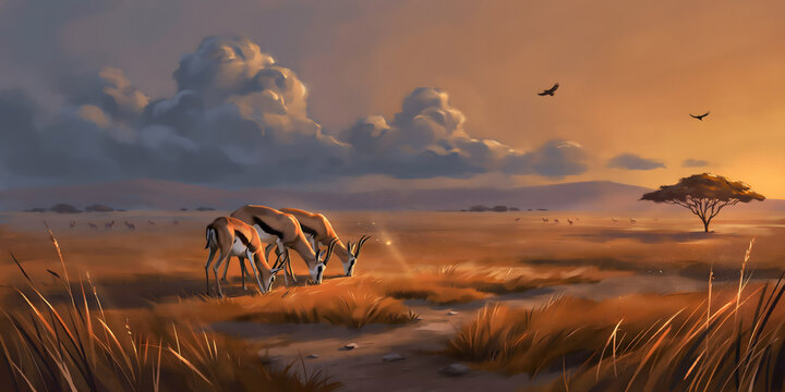gazelles grazing sunset landscape vector illustration