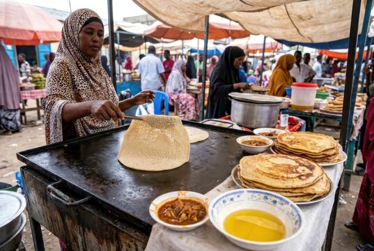 A Somali woman cooking traditional Canjeero flatbread on a griddle at a busy street food market