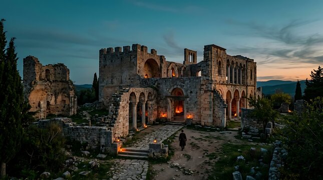 Ancient stone castle ruins at dusk with dramatic sky.
