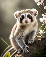 Fototapeta premium A platinum pygmy slow loris in a spring blossom plateau