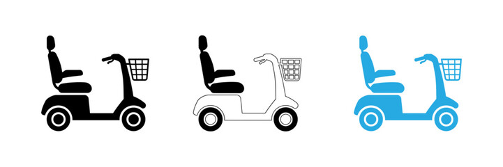 Three mobility scooter illustrations in black outline and blue color variations on a white background © MdSomun