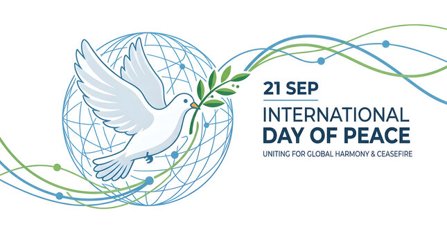 International day of peace landscape banner with white dove carrying an olive branch globe graphic