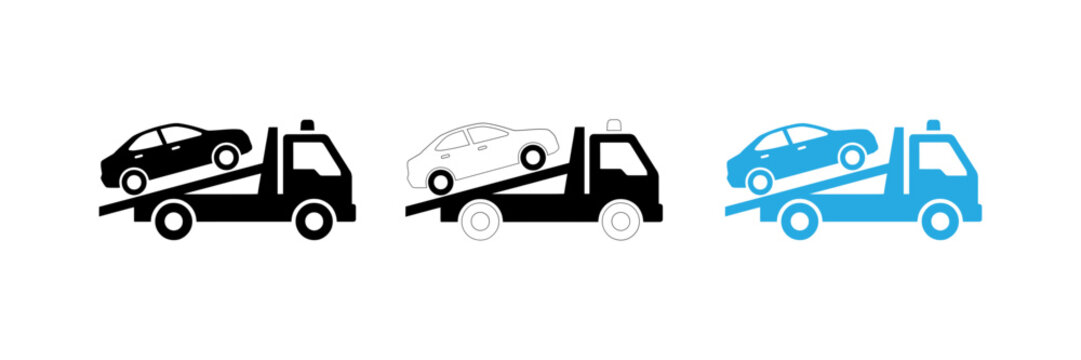 Three color variations of a tow truck carrying a vehicle on its flatbed platform