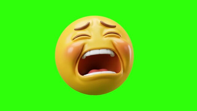 A glossy yellow 3D emoji character wailing with an open mouth and squinched eyes set against a chroma key green background. Excellent for dramatic social media reaction overlays, hilarious video edits