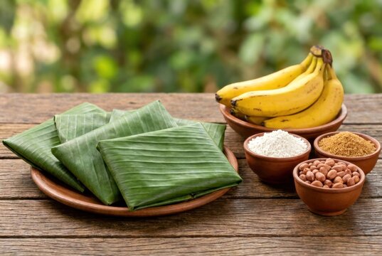 Traditional Madagascar Koban Dravina Banana Cake Wrapped in Banana Leaves with Fresh Ingredients on Wooden Table