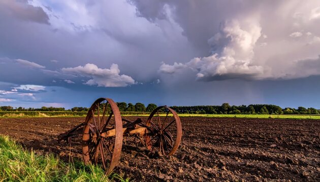 Rusty antique plow rests in a tilled field under dramatic stormy skies.