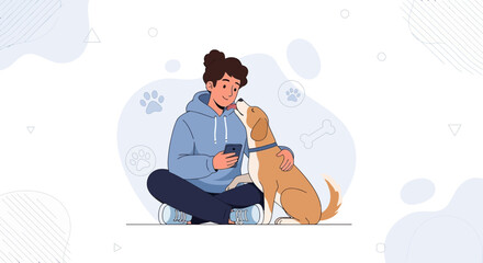 Obraz premium Young Person Sitting with Dog, Using Smartphone, Abstract Background with Paw Prints and Bones
