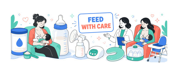 Fototapeta premium Breastfeeding Mother Care, clean editorial banner scene with 2 geometric mothers and one healthcare specialist interacting with oversized milk bottle and breast pump, 5 supporting details including