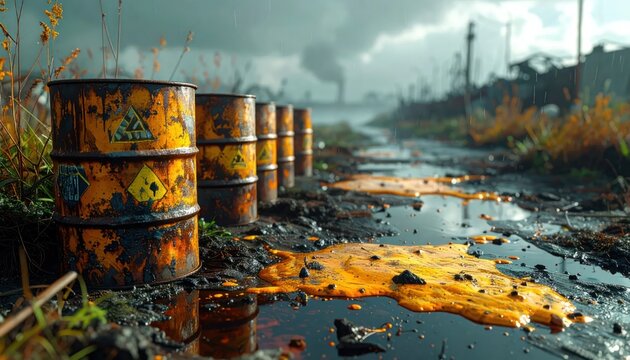 Rusty barrels of toxic waste polluting a desolate industrial wasteland.