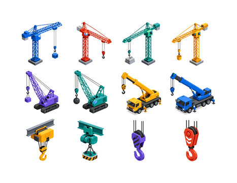 Construction Crane Types, isometric flat icon set of 12 object icons featuring tower cranes, crawler cranes, mobile cranes, lifting hooks, heavy hoists and construction machinery, arranged in a 4x3