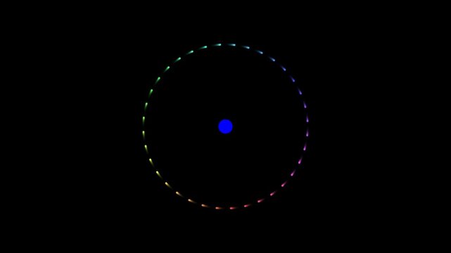 Abstract rainbow color circle made of small glowing dots with a solid blue center point on a deep black background 4K Motion Video
