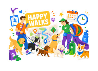 Fototapeta premium Dog Walker Service lively banner scene with two dog walkers guiding several playful dogs around an oversized route map and giant leash bundle, one checks a smartphone while another offers treats, poop