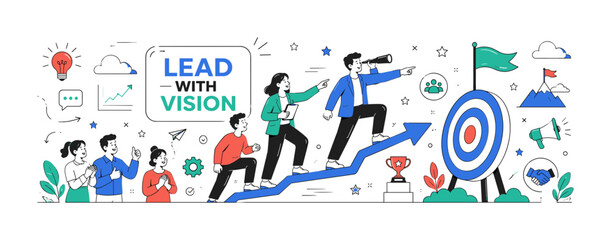 Fototapeta premium Leadership Vision Banner — clean editorial banner, 3 geometric leaders guiding a team toward an oversized target and vision flag with supporting coaching, influence, collaboration, confidence,