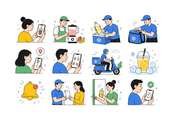 Fototapeta premium Cold Drink Delivery Series. Beverage ordering, chilled packaging, courier transport, location tracking, mobile menus, notifications, doorstep delivery, and fast service. 12 minimalist editorial vector