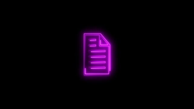 Pink colour neon document icon with folded corner on black background abstract blank.4k animation video