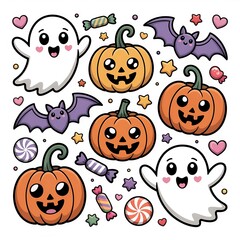 Naklejka premium Cute halloween doodle set featuring happy ghosts jackolantern pumpkins flying bats and colorful candies isolated on a clean white background