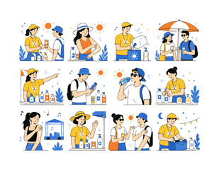 Fototapeta premium Festival Sunscreen Volunteer Station. Outdoor event sun protection, volunteer service, public health and summer wellness. 12 minimalist editorial vector scenes: a volunteer offers sunscreen, an