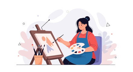 Fototapeta premium Artist painting abstract art on easel with palette and brushes, modern flat vector illustration
