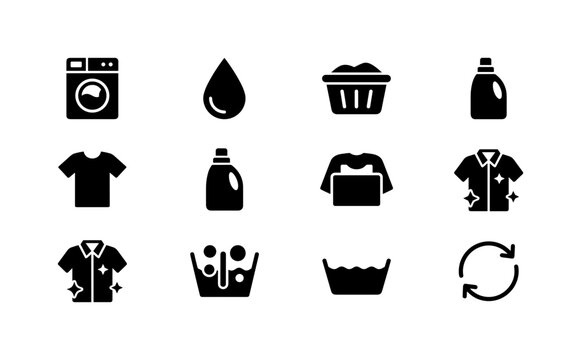 Laundry Care Symbols, solid glyph icon set featuring washing basin, washing machine, water droplet, laundry basket, T-shirt, detergent bottle, hand wash basin, temperature symbol, clean shirt and