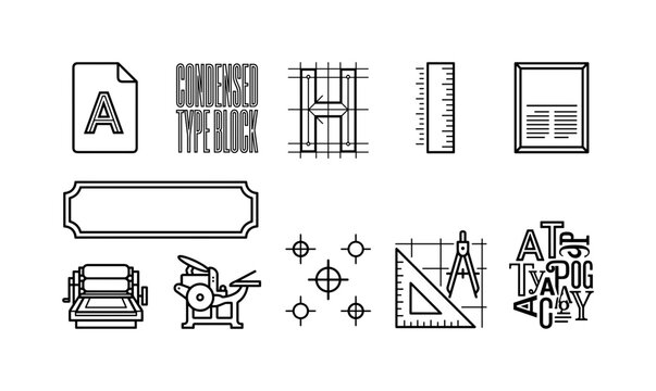 Condensed Inline Typography, line icon set featuring font file, condensed type block, inline construction grid, typography ruler, poster frame, headline panel, printing press, registration marks,