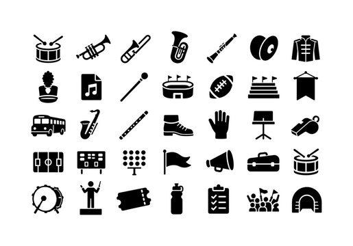 MARCHING BAND GAME DAY. Solid glyph icon set of marching band game day: drum, trumpet, trombone, tuba, clarinet, cymbals, band uniform, plume hat, sheet music, drum major baton, stadium, football,