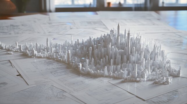 A futuristic city skyline rises from detailed blueprints on a desk. Ultra-realistic skyscrapers and architecture evoke innovation and urban development concepts.