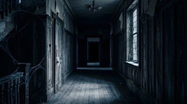 Creepy abandoned hallway in an old haunted mansion with cobwebs and dark atmosphere