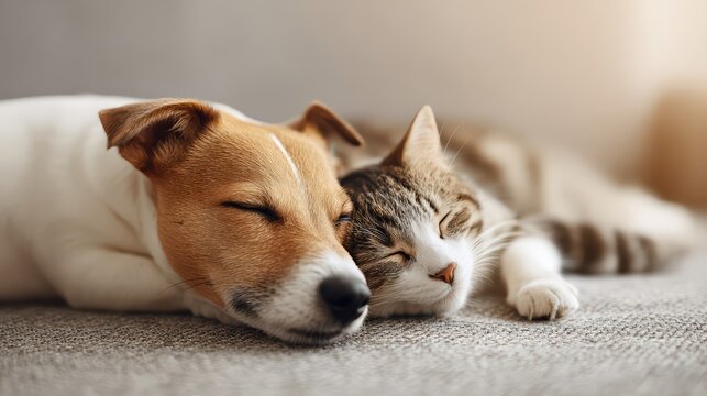 A dog and cat nap closely together on a cozy sofa, bathed in warm home lighting. This peaceful scene captures animal friendship and relaxation in a loving environment.