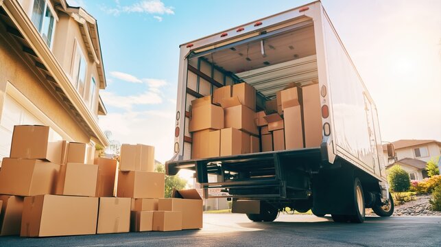 A moving truck loaded with cardboard boxes sits outside a suburban house. Sunlight highlights the relocation process in this ultra-realistic neighborhood scene.