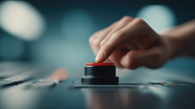 A human hand presses a glowing red emergency button on a futuristic console. Cinematic lighting highlights urgency and advanced control technology.