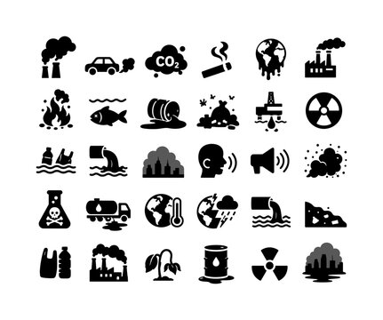 Environmental Pollution Types, solid glyph icon set of 30 fully filled black icons in a 6x5 grid showing air pollution, car emissions, carbon cloud, cigarette smoke, contaminated earth, factory smoke,