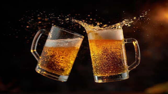 Two glass beer mugs clink in mid-air with foam exploding against a dark cinematic background. Golden highlights, dynamic bubbles, and rich contrast create a premium celebration vibe.