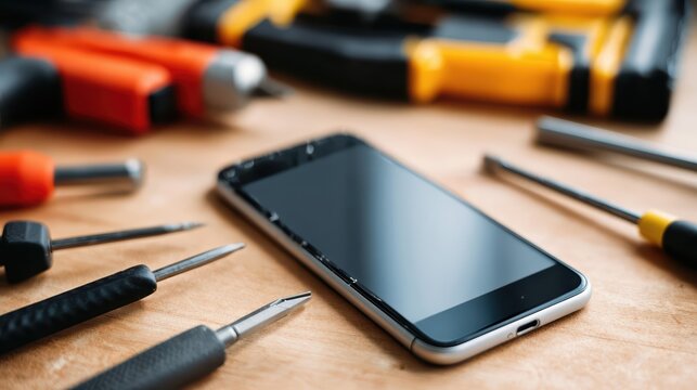 A cracked smartphone screen rests on a clean repair workbench with precision tools. Modern mobile repair service illustrated with realistic detail and shallow depth.