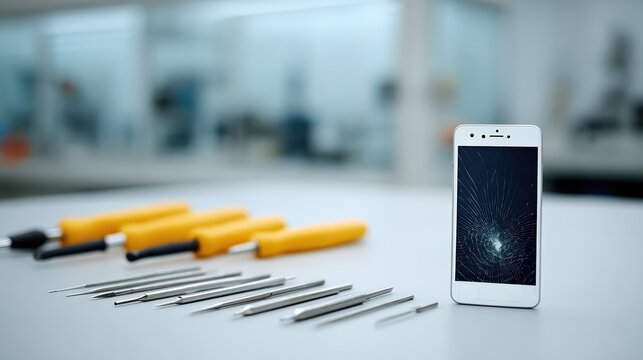 A damaged smartphone with a shattered screen stands on a repair table. Precision tools and yellow-handled screwdrivers emphasize a professional electronics workshop setting.