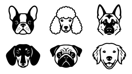 Fototapeta premium Stylized dog heads set with minimalist line art featuring cartoon dogs, profile views, and geometric shapes with clean lines and modern design