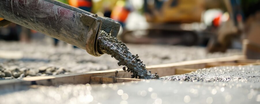 Fresh concrete pours from a chute into wooden forms at a construction site. Wet cement spreads over gravel, capturing the dynamic process of building foundations.